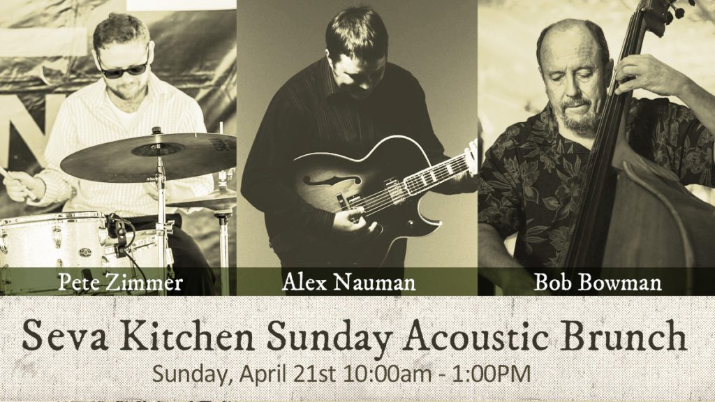 Pete Zimmer on drums, Alex Nauman on guitar, Bob Bowman on bass at Seva Kitchen 